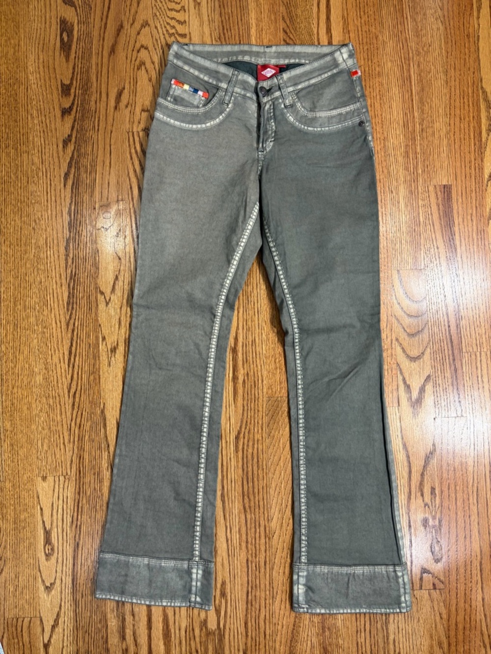 Oilily Grayish Green Boot Cut Pants with Embroidered Rainbow Contrast Trim sz 2